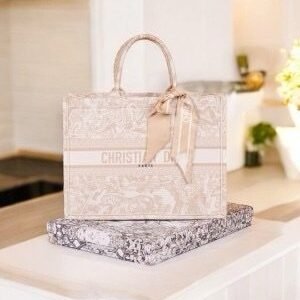 Dior Book Tote Cream Toile De Jouy With OG Box & Dust Bag & Scarf (Cream Tiger-842) (BSB)