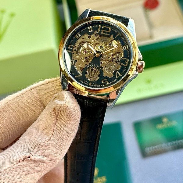 ROLEX AUTOMATIC WATCH BLACK GOLD LEATHER BELT WITH OG BOX - Image 3