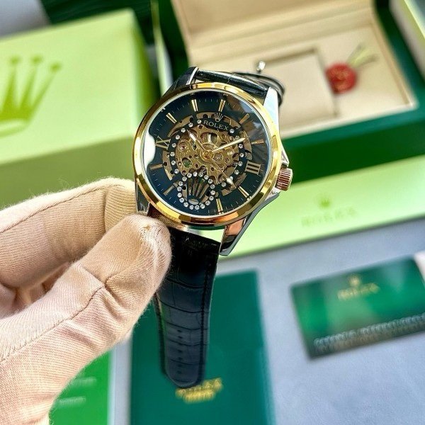 ROLEX AUTOMATIC WATCH BLACK GOLD LEATHER BELT WITH OG BOX - Image 6