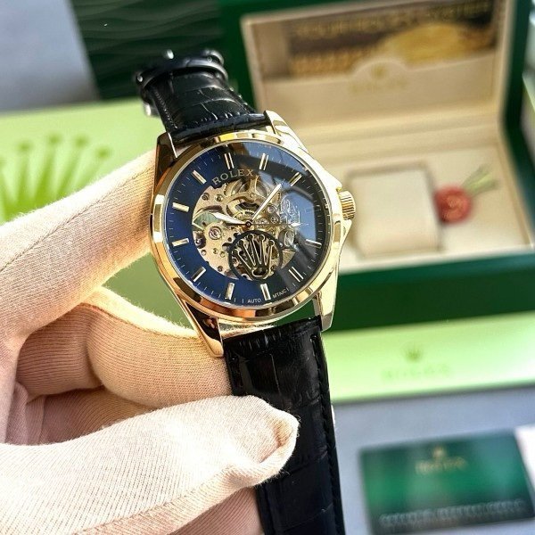 ROLEX AUTOMATIC WATCH BLACK GOLD LEATHER BELT WITH OG BOX - Image 2