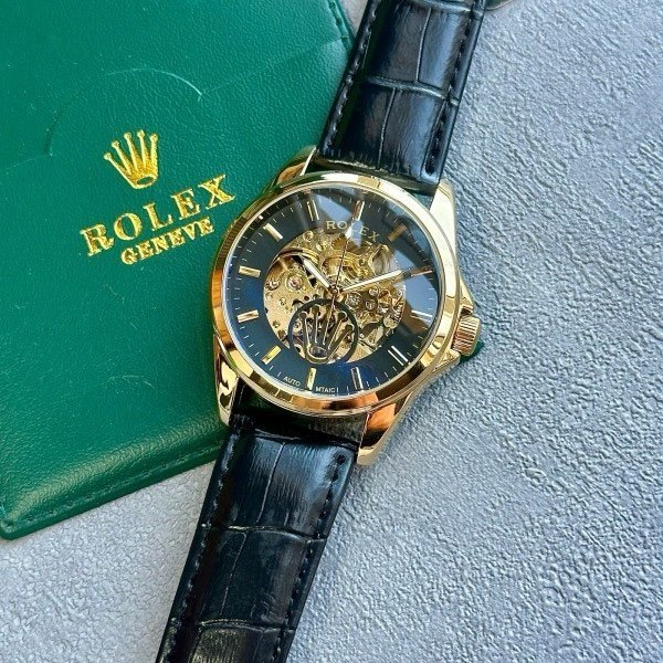 ROLEX AUTOMATIC WATCH BLACK GOLD LEATHER BELT WITH OG BOX - Image 3