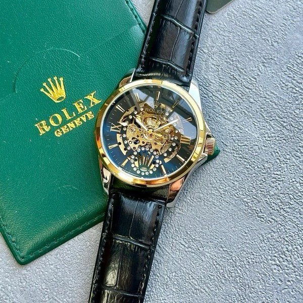 ROLEX AUTOMATIC WATCH BLACK GOLD LEATHER BELT WITH OG BOX - Image 5