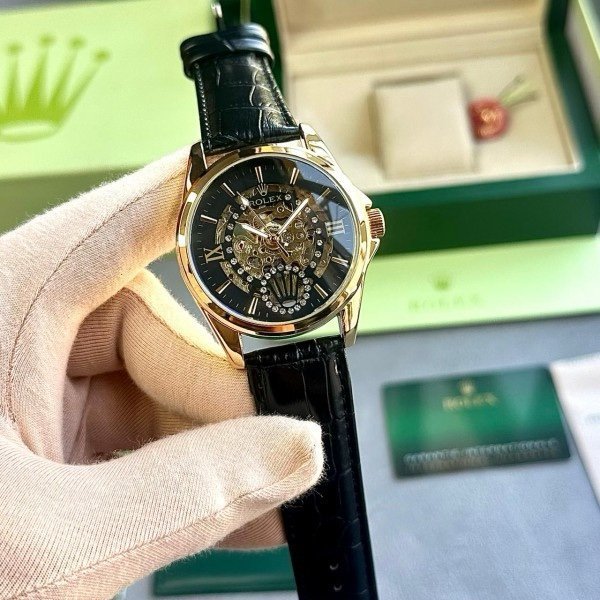 ROLEX AUTOMATIC WATCH BLACK GOLD LEATHER BELT WITH OG BOX - Image 3