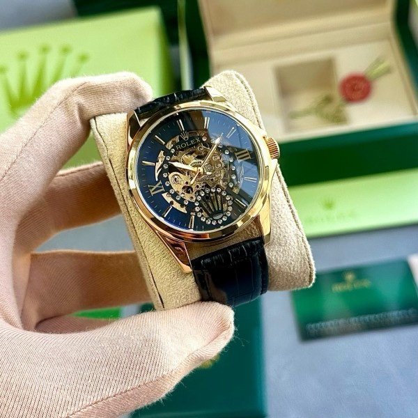 ROLEX AUTOMATIC WATCH BLACK GOLD LEATHER BELT WITH OG BOX - Image 2