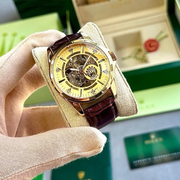 ROLEX AUTOMATIC WATCH BROWN GOLD LEATHER BELT WITH OG BOX - Image 4