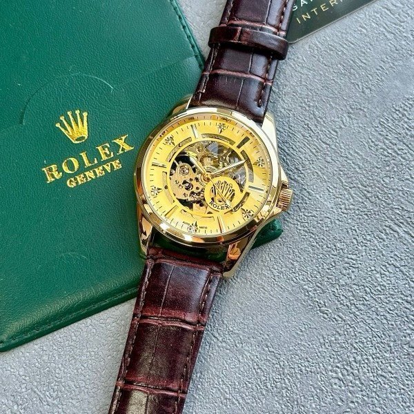 ROLEX AUTOMATIC WATCH BROWN GOLD LEATHER BELT WITH OG BOX - Image 3