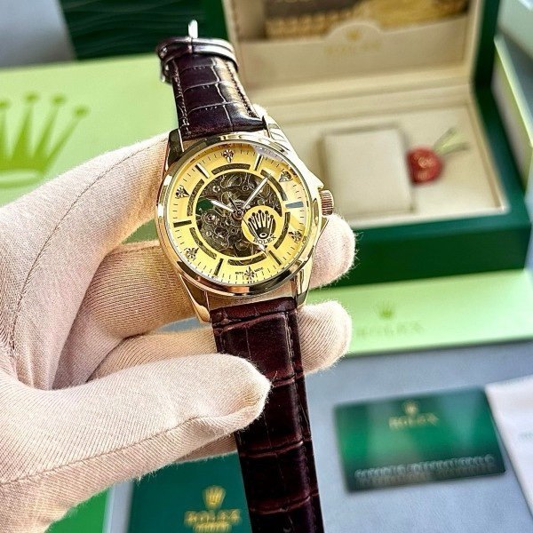 ROLEX AUTOMATIC WATCH BROWN GOLD LEATHER BELT WITH OG BOX - Image 2