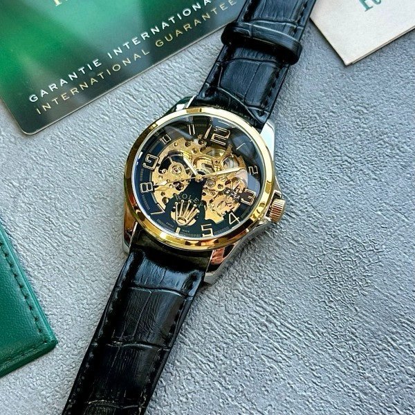 ROLEX AUTOMATIC WATCH BLACK GOLD LEATHER BELT WITH OG BOX - Image 2