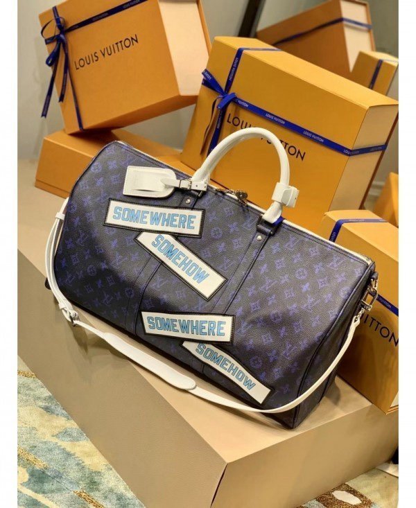 Louis Vuitton LV M58979 Keepall Bandoulire Somewhere Somehow Premium Monogram Unisex Duffle Bag With Dust Bag & Accessories (Orchid - 682)